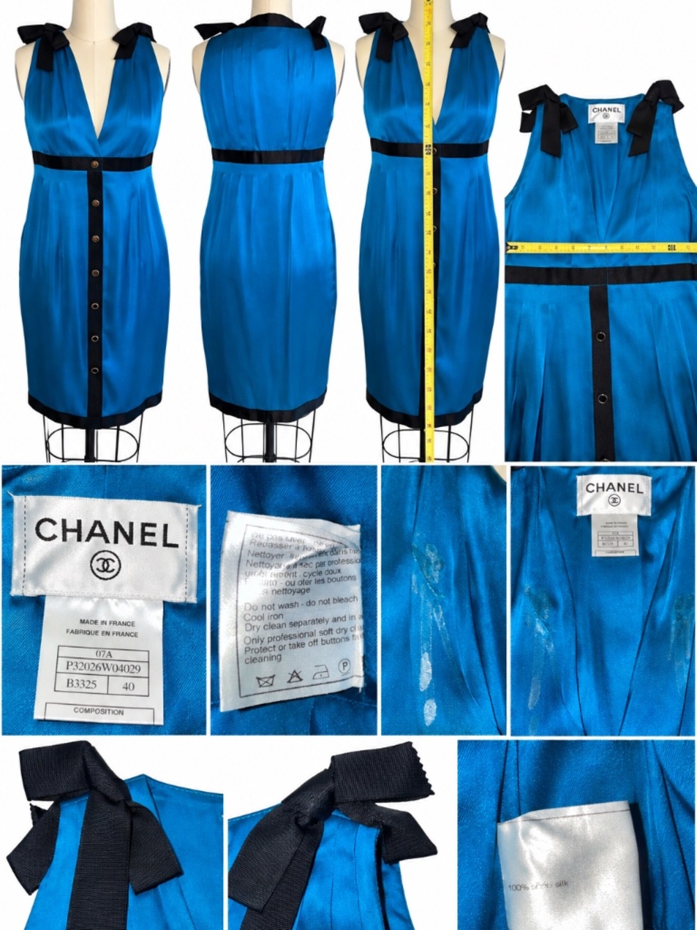 Vintage CHANEL Karl Lagerfeld 100% Silk Blue Black Bow Dress FR 40